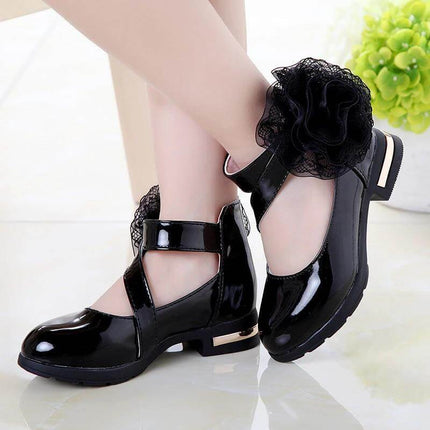Girls Princess Soft Sole Velcro School Shoes With Flower Detail black patent Mary Jane with Velcro strap and flower embellishment, non-slip rubber sole