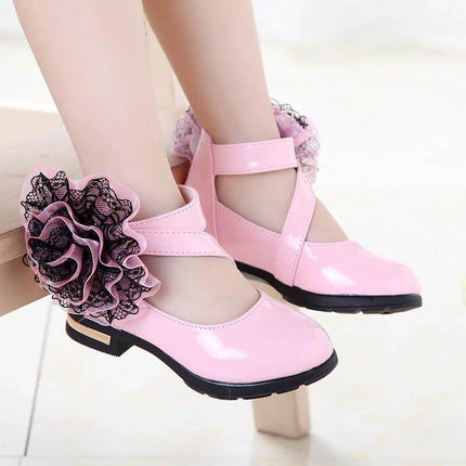 Girls Princess Soft Sole Velcro School Shoes With Flower Detail - pink patent soft sole school shoes with velcro strap and large lace flower