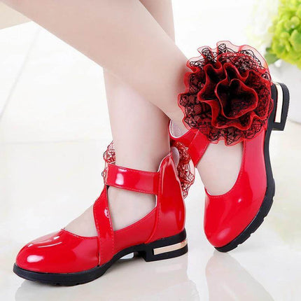Girls Princess Soft Sole Velcro School Shoes With Flower Detail shiny red patent school shoes with velcro strap and large flower ruffle