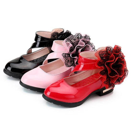 Girls Princess Soft Sole Velcro School Shoes With Flower Detail - patent leather pink red black kids school shoes with Velcro strap and decorative flower