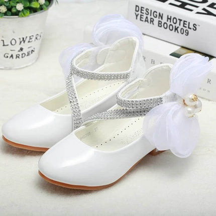 Girls Princess High Heel Dress Shoes For Ages 7 To 12 white patent with rhinestone strap and flower bow Velcro closure for formal events