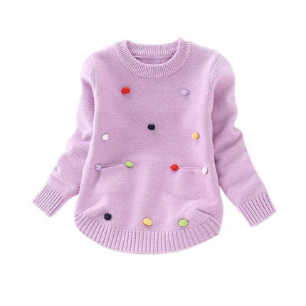 Girls' Round Neck Sweater For Everyday Wear Korean Version - purple cashmere 80% soft-touch kids pullover with colorful pom-pom dots
