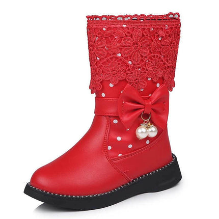 Girls Lace Bowknot Cotton Shoes Velvet Trim For Winter red lace bowknot boot with pearls, artificial leather upper and rubber sole