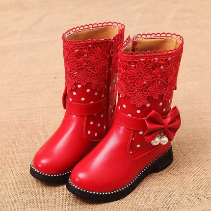 Girls Lace Bowknot Cotton Shoes Velvet Trim For Winter - red girls boots with lace cuff, polka dots and bowknot, artificial leather upper and rubber sole
