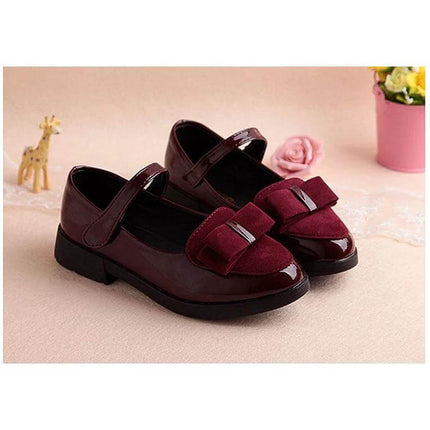 Girls School Leather Sneakers For Spring And Autumn Black - low-profile black and red wine PU leather school shoes with bow, casual sole for daily classroom wear