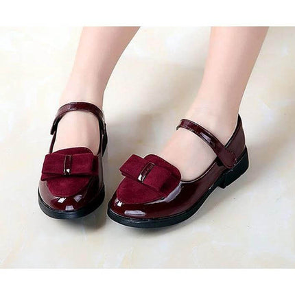 Girls School Leather Sneakers For Spring And Autumn Black - low-profile black and wine red PU leather school sneakers with bow detail for daily classroom wear