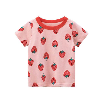 Girls Strawberry Short Sleeve Cotton T Shirt For Everyday Summer Wear pink strawberry print cotton tee