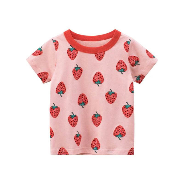 Girls Strawberry Short Sleeve Cotton T Shirt For Everyday Summer Wear - pink cotton tee with allover strawberry print, red trim, breathable casual kids top