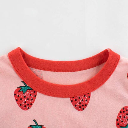 Girls Strawberry Short Sleeve Cotton T Shirt For Everyday Summer Wear - pink cotton tee with red collar and strawberry print