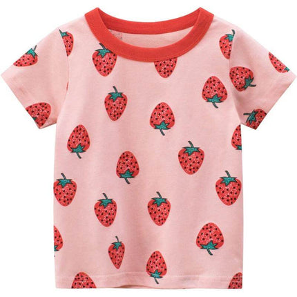 Girls Strawberry Short Sleeve Cotton T Shirt For Everyday Summer Wear - pink girls tee with red strawberry print, soft 100% cotton, casual summer top