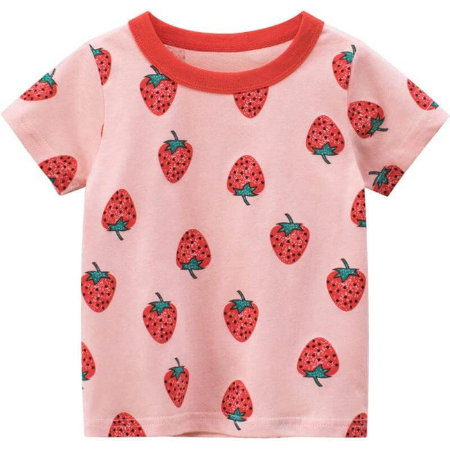 Girls Strawberry Short Sleeve Cotton T Shirt For Everyday Summer Wear - pink girls tee with red strawberry print, soft 100% cotton, casual summer top