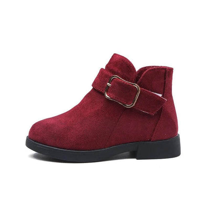 Girls Suede Leather Ankle Boots For Fall And Winter Wear - burgundy suede ankle boot with buckle, rubber sole for school and casual outings