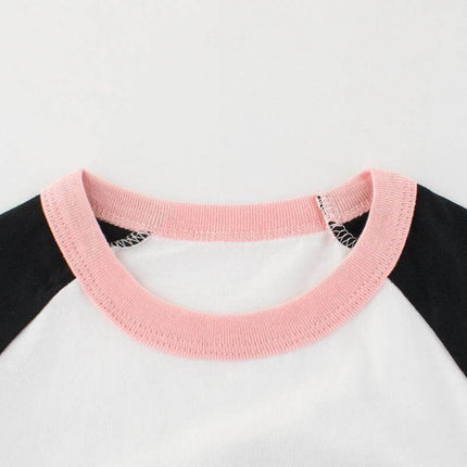 Summer Children's Short Sleeved T Shirt Girls Top, 100 Percent Cotton - close-up pink crewneck on white black raglan cotton tee