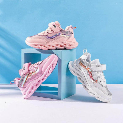 Girls Velcro Sneakers With Breathable Mesh For Daily Wear in pink and white, lightweight EVA sole, non-slip tread, easy Velcro closure for school and play