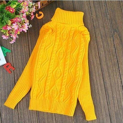 Girls Plus Velvet Thick Double Layer Sweater White - yellow cable knit thick velvet-texture girls sweater, long sleeves, turtleneck, fall/winter layering