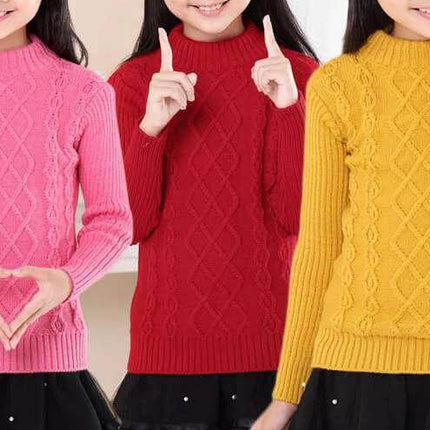 Girls Plus Velvet Thick Double Layer Sweater White - girls wearing pink red and yellow velvet textured thick double-layer knit sweaters