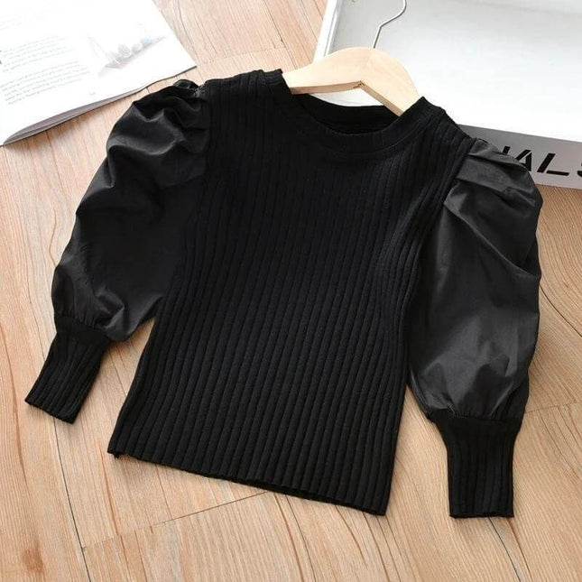 Girls Western Style Long Sleeve T Shirt For Everyday Casual Wear - black cotton ribbed body with puff satin sleeves, casual school outfit