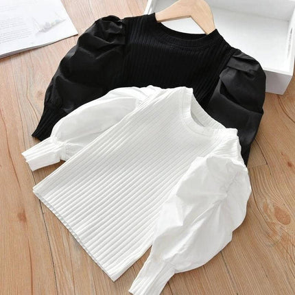 Girls Western Style Long Sleeve T Shirt For Everyday Casual Wear - 100% cotton puff sleeve ribbed top in white and black, pairs with denim or skirts