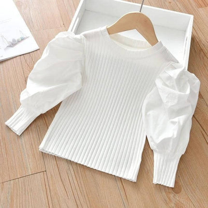 Girls Western Style Long Sleeve T Shirt For Everyday Casual Wear white ribbed cotton top with puff sleeves on hanger