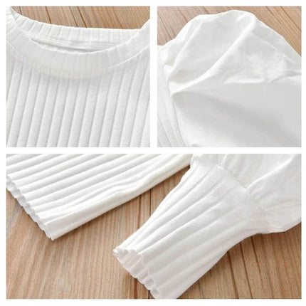 Girls Western Style Long Sleeve T Shirt For Everyday Casual Wear in white showing ribbed bodice, puff sleeve and ribbed cuff details