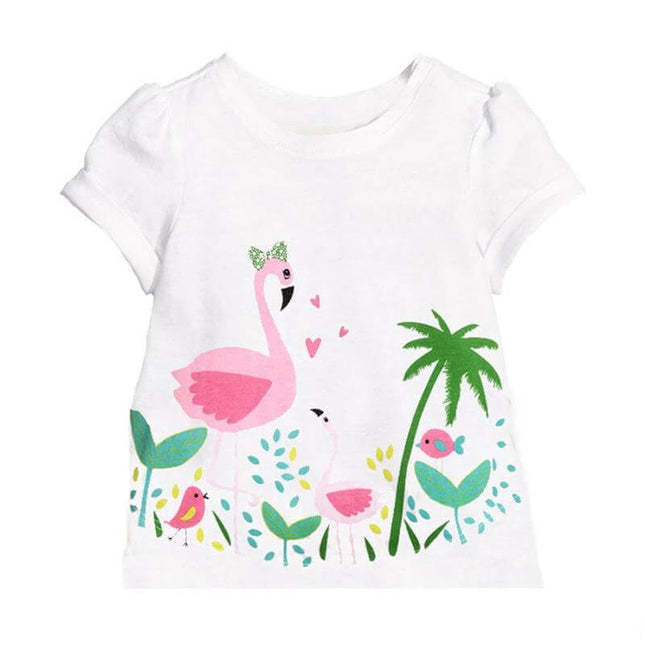 Girls Cotton Short Sleeve T Shirt With Cartoon Pattern Daily Wear - white cotton tee with pink flamingo and tropical print, round collar, short sleeves, casual kids top