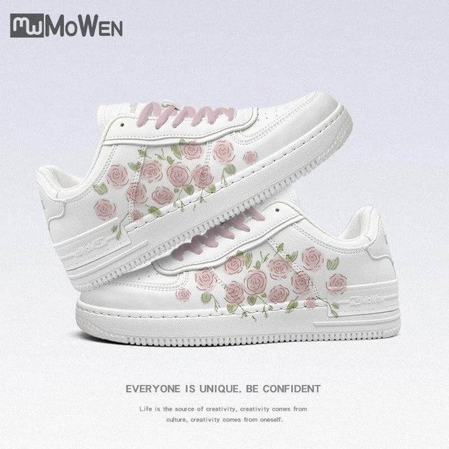 Girls Canvas Mid-Top Sneakers In White And French Rose For Autumn — white canvas mid-top with pink rose print, pink-and-white laces, slingback style for school and weekend