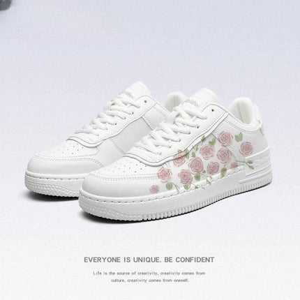 Girls Canvas Mid-Top Sneakers In White And French Rose For Autumn - white canvas mid-top with French rose floral print, slingback fit for school and casual wear