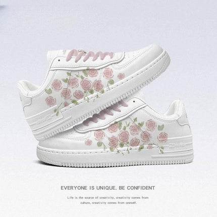 Girls Canvas Mid-Top Sneakers In White And French Rose For Autumn - white canvas mid-top with pink rose print, pink-and-white laces, slingback style for school and casual outings