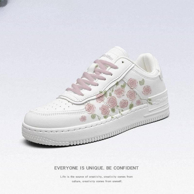 Girls Canvas Mid-Top Sneakers In White And French Rose For Autumn - white canvas mid-top with French rose floral print, pink laces, slingback style for school and casual wear