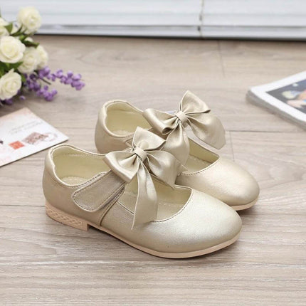 Girls White PU Bow Dress Shoes For School And Special Days - white PU girls dress shoes with bow, low heel, wipe-clean rubber sole