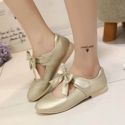 Girls White PU Bow Dress Shoes For School And Special Days - gold PU girls’ bow dress shoes with low heel for school ceremonies and family events
