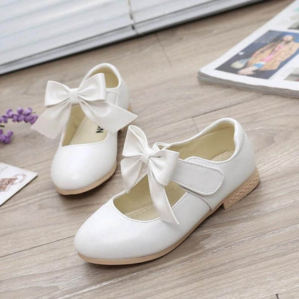 Girls White PU Bow Dress Shoes For School And Special Days - white PU bow Mary Jane dress shoes for girls, rubber sole, easy-clean, school uniforms