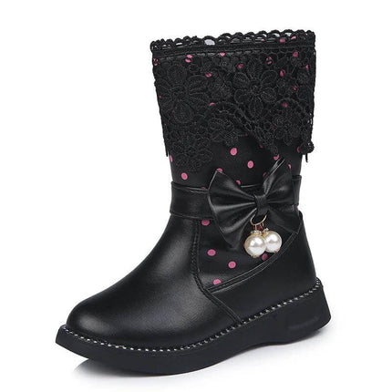 Girls Lace Bowknot Cotton Shoes Velvet Trim For Winter - black girls winter boot with lace cuff, bowknot and pearl charm