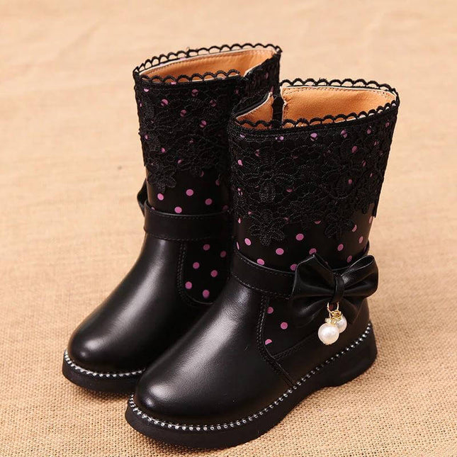 Girls Lace Bowknot Cotton Shoes Velvet Trim For Winter - black faux leather girls winter boots with lace, polka dots and bowknot charm