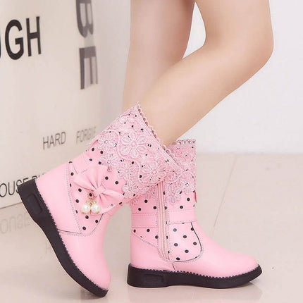 Girls Lace Bowknot Cotton Shoes Velvet Trim For Winter - pink girls winter boots with lace, bowknot and velvet trim, artificial leather upper and rubber sole