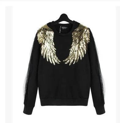Sequin Feather Wing Patch Sticker For Clothing Assorted Sizes on black sweatshirt with gold sequin feather wings, hot melt adhesive, assorted sizes