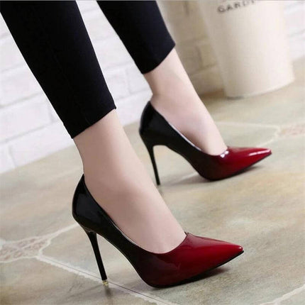Gradient Stiletto High Heels With 8cm Heel For Evening - glossy red-to-black gradient slip-on stiletto with 8cm heel, rubber outsole, evening and office wear