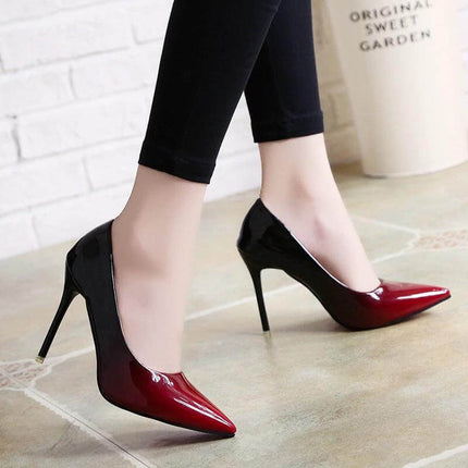 Gradient Stiletto High Heels With 8cm Heel For Evening in black-to-red gradient patent leather slip-on stiletto on tiled floor