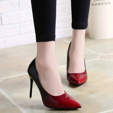 Gradient Stiletto High Heels With 8cm Heel For Evening - glossy red-to-black gradient stiletto pump with 8cm heel, slip-on low-vamp evening shoe