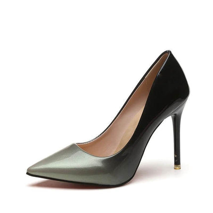 Gradient Stiletto High Heels With 8cm Heel For Evening — glossy gradient pointed-toe stiletto with 8cm slim heel and rubber outsole for evening wear