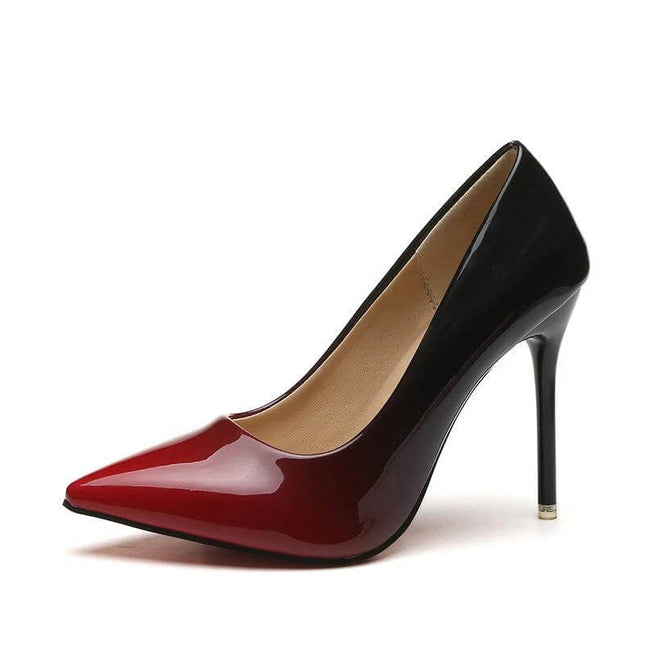 Gradient Stiletto High Heels With 8cm Heel For Evening – red-to-black gradient patent leather pointed-toe slip-on stiletto with rubber outsole