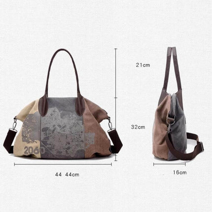 Graffiti Print Canvas Messenger Bag For Everyday Use Large Capacity front and side view with dimensions 44x32x16cm and detachable strap