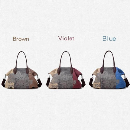 Graffiti Print Canvas Messenger Bag For Everyday Use Large Capacity in brown, violet, and blue color options, large-capacity canvas tote with graffiti print