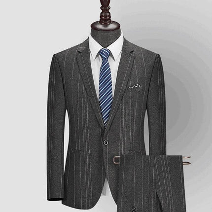 Business Suit Dress With Back Slit Gray Or Blue Casual tailored gray pinstripe blazer and pencil skirt on mannequin with tie