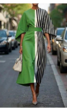 Loose Batwing Sleeve Belted Dress For Everyday Casual Wear in green and black striped colorblock, detachable belt, street-style pullover silhouette