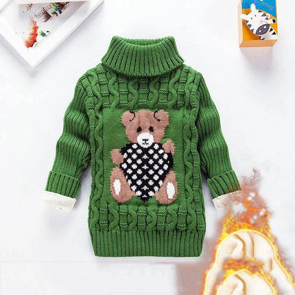 Children Velvet Trim Knit Sweater Casual Winter Warmth green turtleneck knit sweater for kids with teddy bear design, velvet trim and thick winter warmth