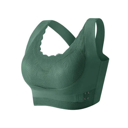 Lace Back Wire Free Push Up Bra With Side Buckle For Comfort in green, lace back, removable padding, side buckle for adjustable fit