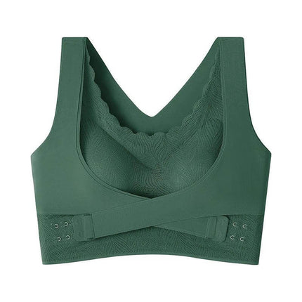 Lace Back Wire Free Push Up Bra With Side Buckle For Comfort in green, wire-free removable padding, lace back and side buckle support