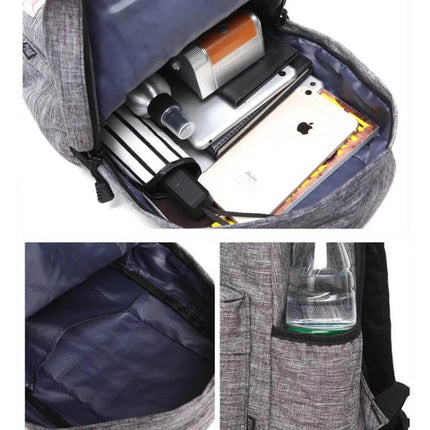 Canvas Laptop Backpack For 13-15 Inch Laptops Everyday Use - grey canvas everyday backpack open compartment showing laptop, tablet, accessories and side water pocket
