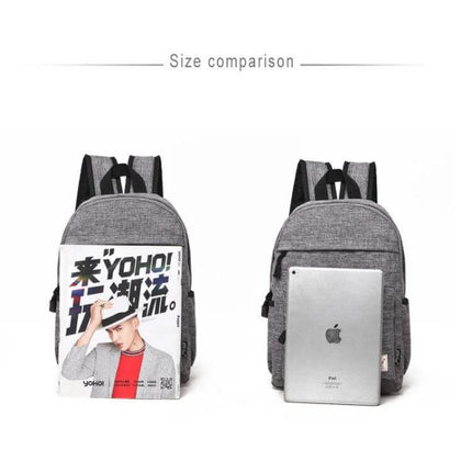 Canvas Laptop Backpack For 13-15 Inch Laptops Everyday Use gray canvas backpack shown with tablet and magazine for size comparison